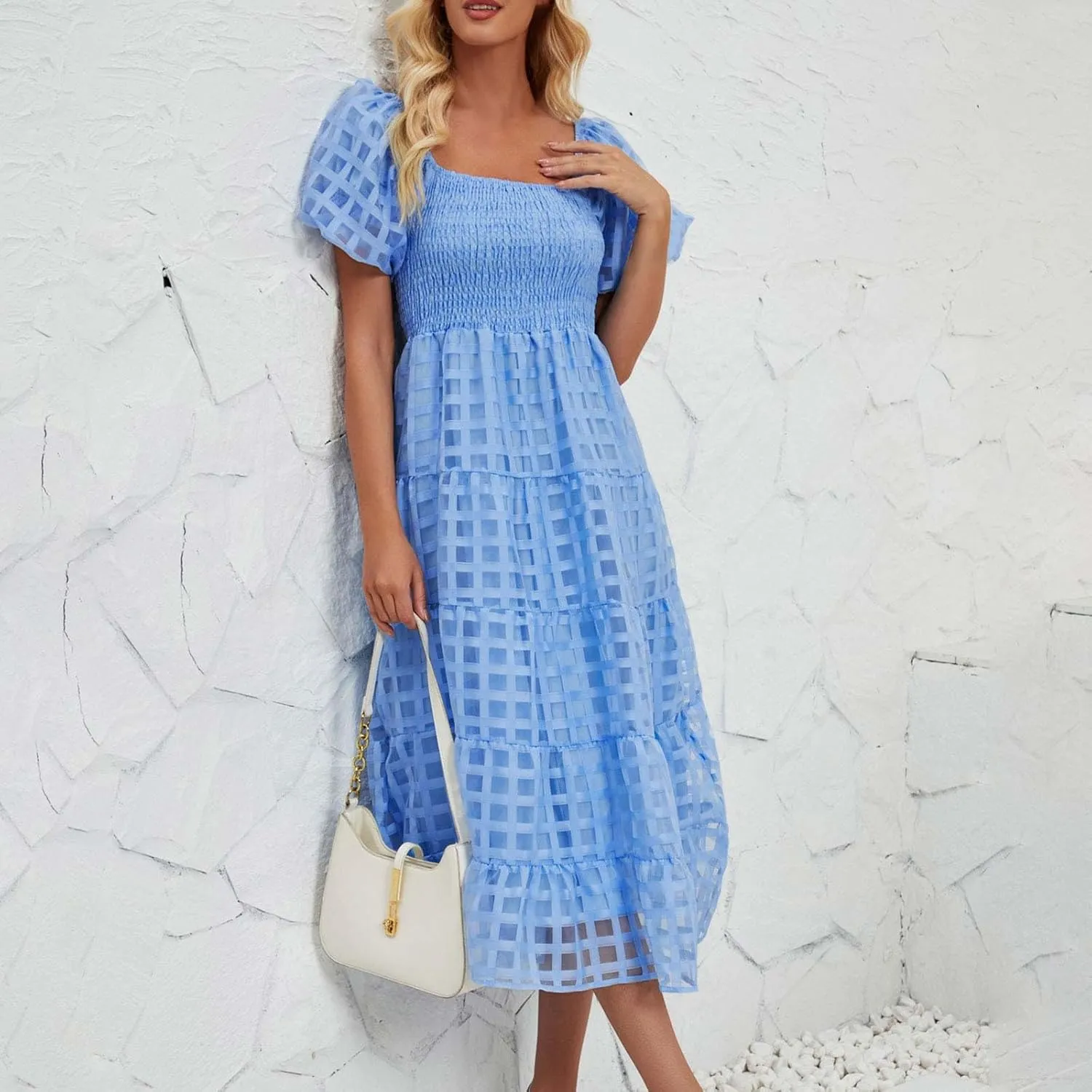 Women's Summer Dresses 2024 Puff Sleeve Plaid Square Neck High Waist Smocked Dress Loose Fit A-Line Flowy Midi Dress