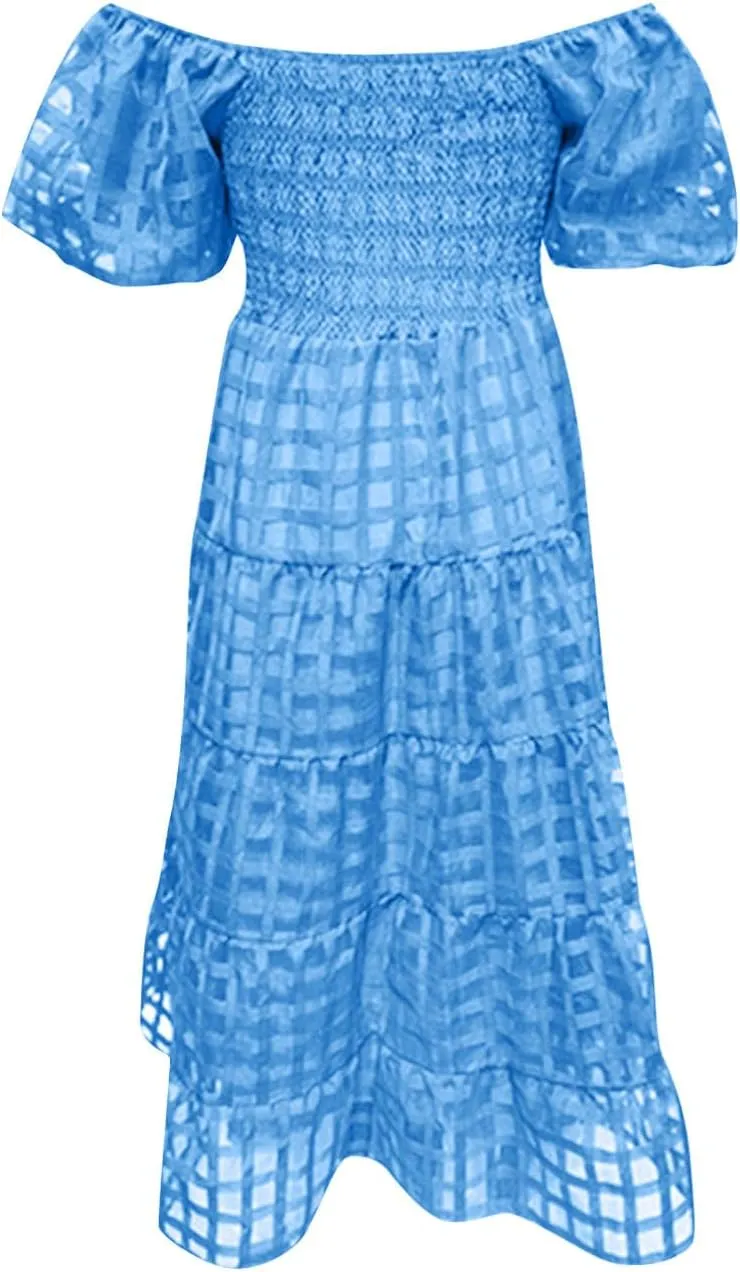 Women's Summer Dresses 2024 Puff Sleeve Plaid Square Neck High Waist Smocked Dress Loose Fit A-Line Flowy Midi Dress