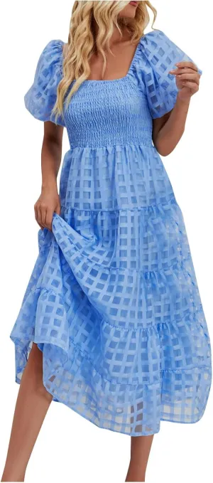 Women's Summer Dresses 2024 Puff Sleeve Plaid Square Neck High Waist Smocked Dress Loose Fit A-Line Flowy Midi Dress