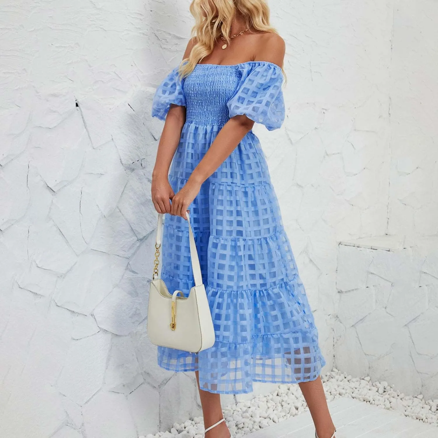 Women's Summer Dresses 2024 Puff Sleeve Plaid Square Neck High Waist Smocked Dress Loose Fit A-Line Flowy Midi Dress