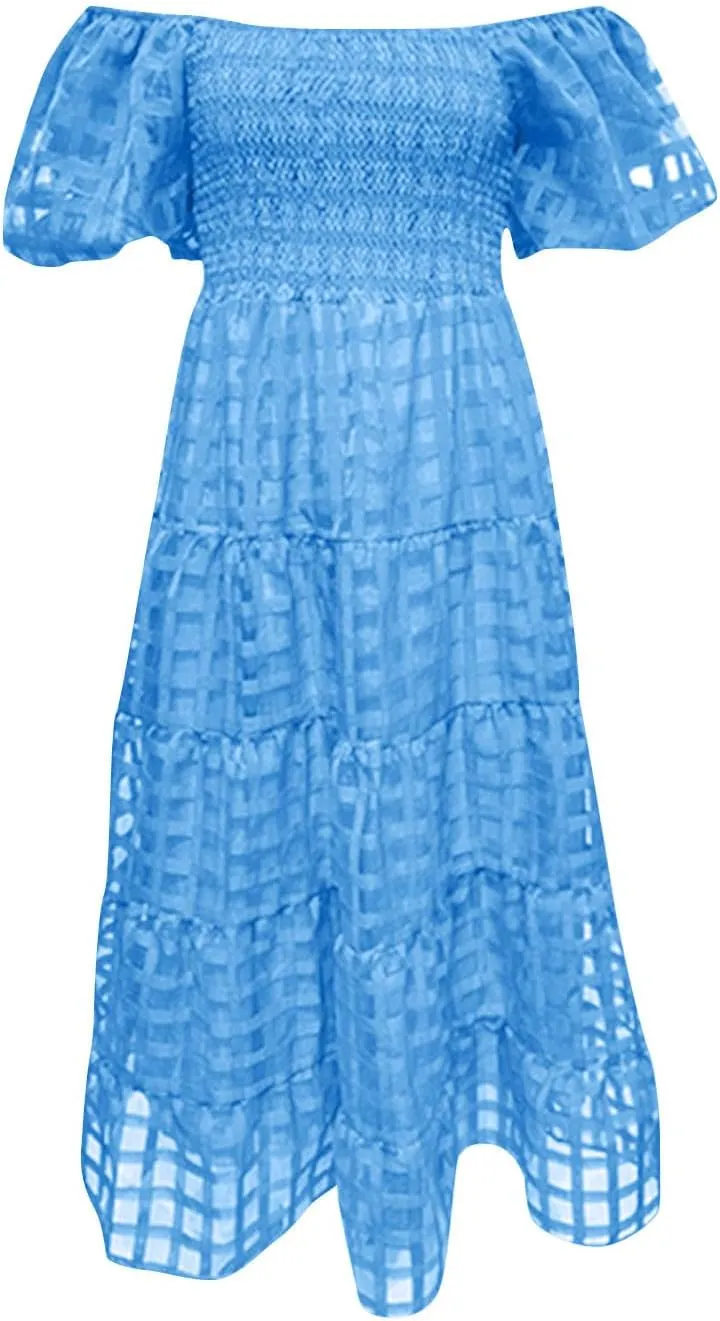 Women's Summer Dresses 2024 Puff Sleeve Plaid Square Neck High Waist Smocked Dress Loose Fit A-Line Flowy Midi Dress