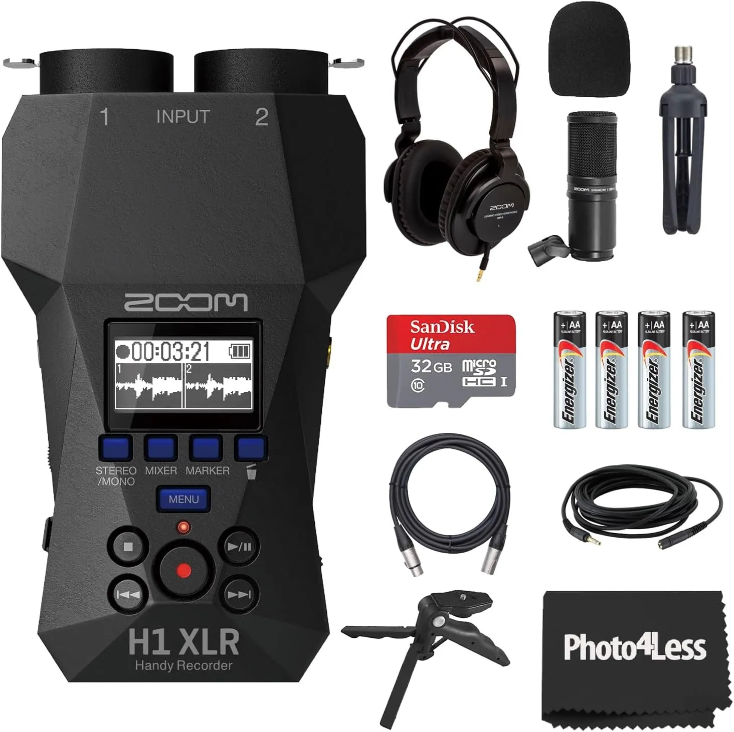 Zoom H1 XLR Handy Recorder, Bundle with Zoom ZDM-1 Podcast Microphone, Headphones, Windscreen, XLR Cable, Tabletop Stand, Tripod Grip, 32GB Micro SD Card, AA Batteries (4 Pack)
